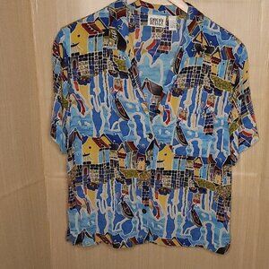 Chico's Design Vintage Silky City Print Rayon Button Down Shirt Medium